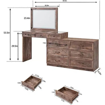 Mastgoal 69 W Grande Scrivania per Vanity con Piano in Vetro, Tavolo da Trucco Rustico con 9 Grandi Cassetti Contenitori, 3 Colori Disponibili Luce & Specchio LED HD da 30