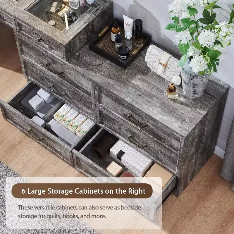 Mastgoal 69 W Grande Scrivania per Vanity con Piano in Vetro, Tavolo da Trucco Rustico con 9 Grandi Cassetti Contenitori, 3 Colori Disponibili Luce & Specchio LED HD da 30