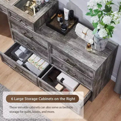 Mastgoal 69 W Grande Scrivania per Vanity con Piano in Vetro, Tavolo da Trucco Rustico con 9 Grandi Cassetti Contenitori, 3 Colori Disponibili Luce & Specchio LED HD da 30