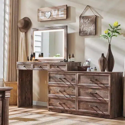 Mastgoal 69 W Big Vanity Desk with Glass Top, Farmhouse Makeup Table with 9 Large Storage Drawers, 3 Color Available Light & 30 HD Led Mirror