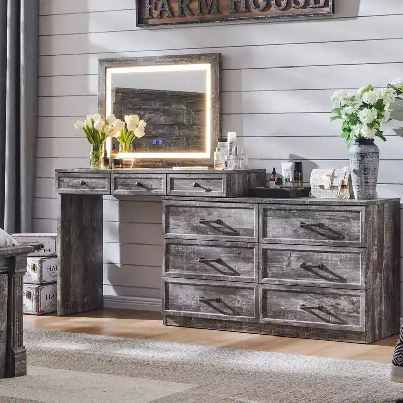Mastgoal 69 W Grande Scrivania per Vanity con Piano in Vetro, Tavolo da Trucco Rustico con 9 Grandi Cassetti Contenitori, 3 Colori Disponibili Luce & Specchio LED HD da 30