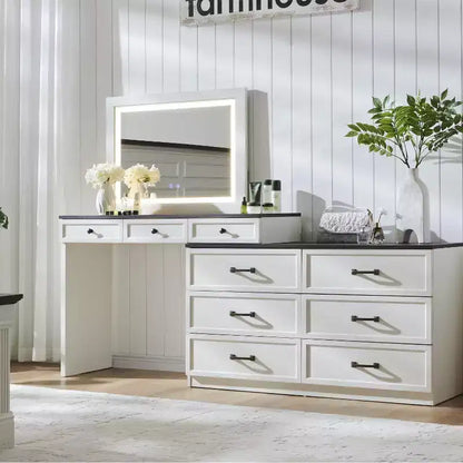 Mastgoal 69 W Grande Scrivania per Vanity con Piano in Vetro, Tavolo da Trucco Rustico con 9 Grandi Cassetti Contenitori, 3 Colori Disponibili Luce & Specchio LED HD da 30