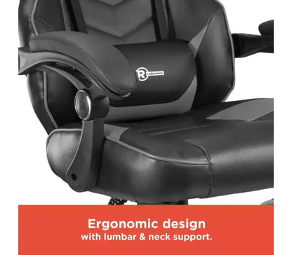 Sedia da gaming RadioShack nera e grigia, sedia ergonomica stile racing con altezza regolabile, poggiapiedi, supporto lombare e imbottitura confortevole