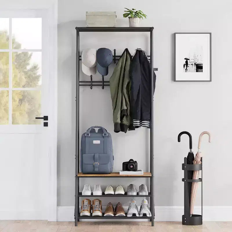 Coat Rack, 4-in-1 Hall Tree, Entryway Shoe Bench Coat Standwith Metal Frame, 3-Tier Shelf and 10 Hooks for Entryway,Hallway, Bedroom
