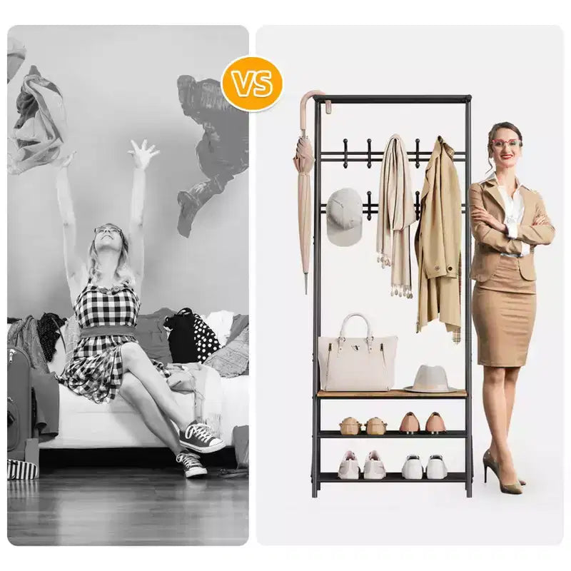 Coat Rack, 4-in-1 Hall Tree, Entryway Shoe Bench Coat Standwith Metal Frame, 3-Tier Shelf and 10 Hooks for Entryway,Hallway, Bedroom