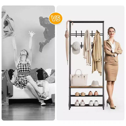 Coat Rack, 4-in-1 Hall Tree, Entryway Shoe Bench Coat Standwith Metal Frame, 3-Tier Shelf and 10 Hooks for Entryway,Hallway, Bedroom
