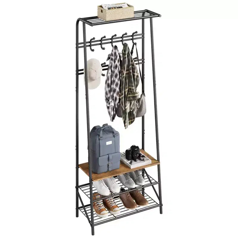 Coat Rack, 4-in-1 Hall Tree, Entryway Shoe Bench Coat Standwith Metal Frame, 3-Tier Shelf and 10 Hooks for Entryway,Hallway, Bedroom
