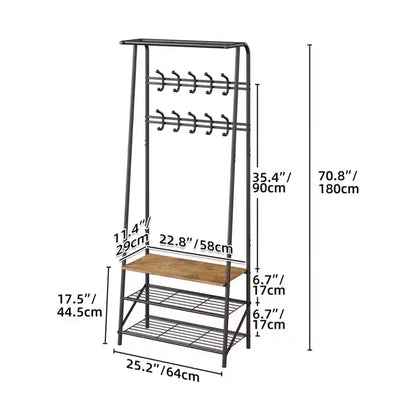 Coat Rack, 4-in-1 Hall Tree, Entryway Shoe Bench Coat Standwith Metal Frame, 3-Tier Shelf and 10 Hooks for Entryway,Hallway, Bedroom