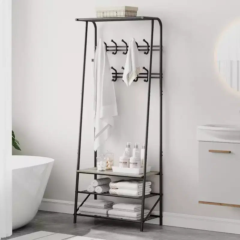 Coat Rack, 4-in-1 Hall Tree, Entryway Shoe Bench Coat Standwith Metal Frame, 3-Tier Shelf and 10 Hooks for Entryway,Hallway, Bedroom