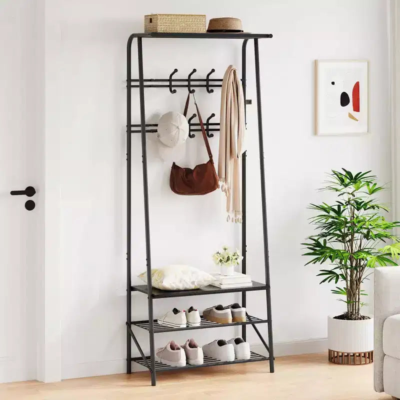Coat Rack, 4-in-1 Hall Tree, Entryway Shoe Bench Coat Standwith Metal Frame, 3-Tier Shelf and 10 Hooks for Entryway,Hallway, Bedroom