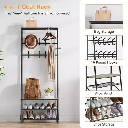 Coat Rack, 4-in-1 Hall Tree, Entryway Shoe Bench Coat Standwith Metal Frame, 3-Tier Shelf and 10 Hooks for Entryway,Hallway, Bedroom