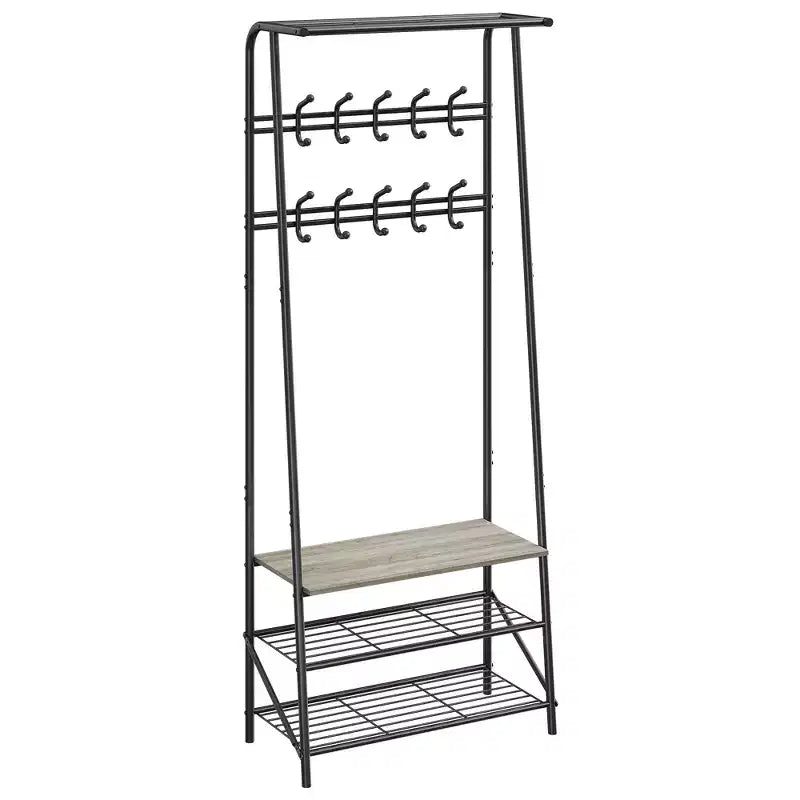 Coat Rack, 4-in-1 Hall Tree, Entryway Shoe Bench Coat Standwith Metal Frame, 3-Tier Shelf and 10 Hooks for Entryway,Hallway, Bedroom