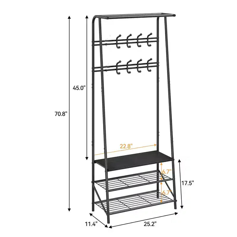 Coat Rack, 4-in-1 Hall Tree, Entryway Shoe Bench Coat Standwith Metal Frame, 3-Tier Shelf and 10 Hooks for Entryway,Hallway, Bedroom
