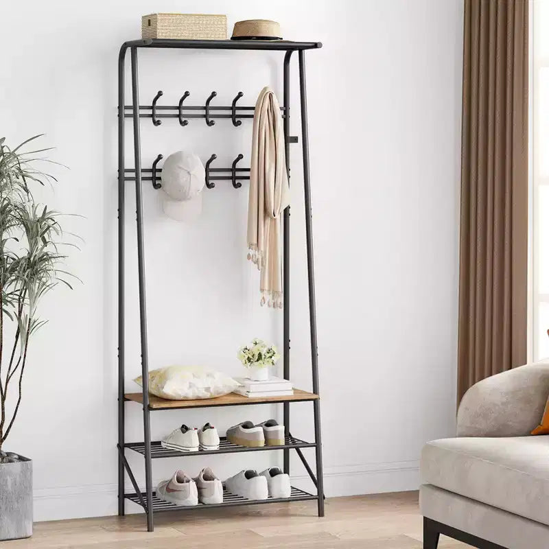 Coat Rack, 4-in-1 Hall Tree, Entryway Shoe Bench Coat Standwith Metal Frame, 3-Tier Shelf and 10 Hooks for Entryway,Hallway, Bedroom