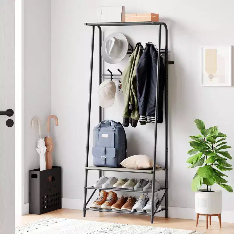 Coat Rack, 4-in-1 Hall Tree, Entryway Shoe Bench Coat Standwith Metal Frame, 3-Tier Shelf and 10 Hooks for Entryway,Hallway, Bedroom