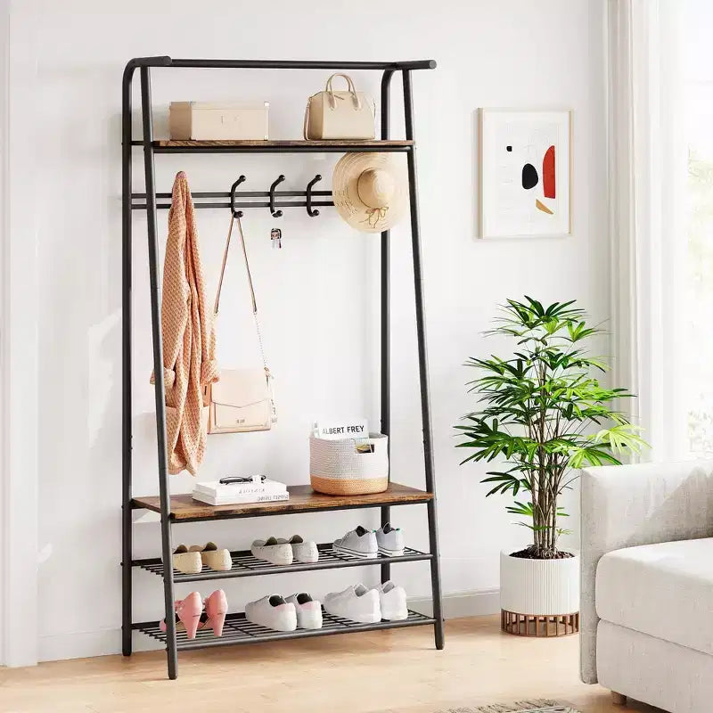 Coat Rack Shoe Bench with 5 Hooks, Entryway Hall Trees with Storage, Multifunctional 4-in-1 Hall Trees Shoe Bench