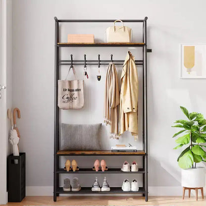Coat Rack Shoe Bench with 5 Hooks, Entryway Hall Trees with Storage, Multifunctional 4-in-1 Hall Trees Shoe Bench