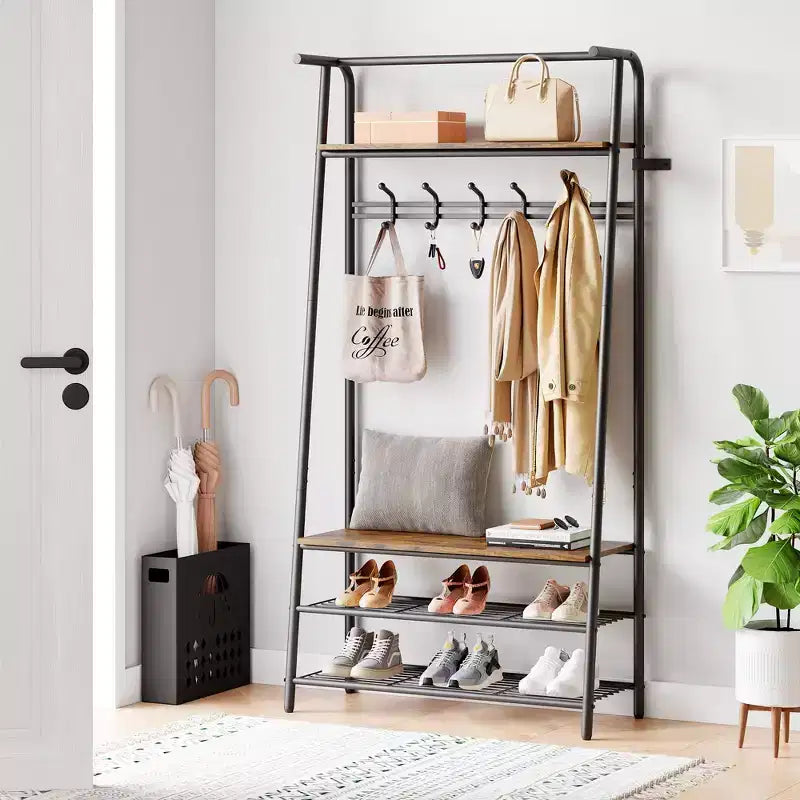 Coat Rack Shoe Bench with 5 Hooks, Entryway Hall Trees with Storage, Multifunctional 4-in-1 Hall Trees Shoe Bench