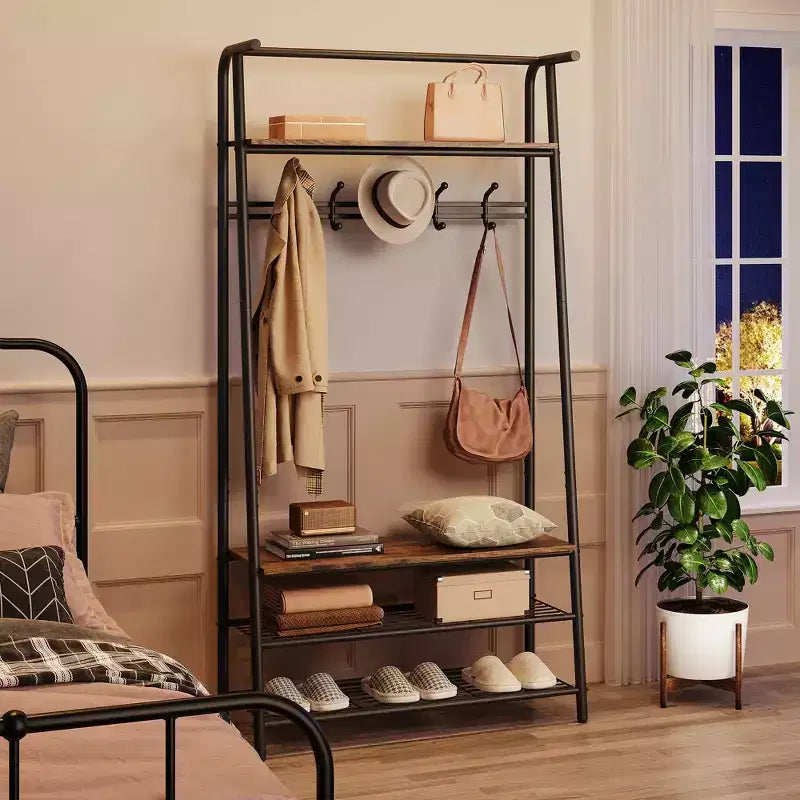 Coat Rack Shoe Bench with 5 Hooks, Entryway Hall Trees with Storage, Multifunctional 4-in-1 Hall Trees Shoe Bench