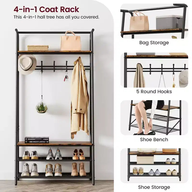 Coat Rack Shoe Bench with 5 Hooks, Entryway Hall Trees with Storage, Multifunctional 4-in-1 Hall Trees Shoe Bench