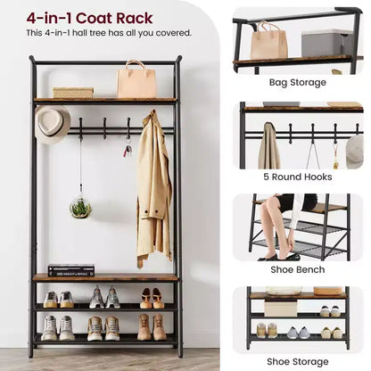 Coat Rack Shoe Bench with 5 Hooks, Entryway Hall Trees with Storage, Multifunctional 4-in-1 Hall Trees Shoe Bench