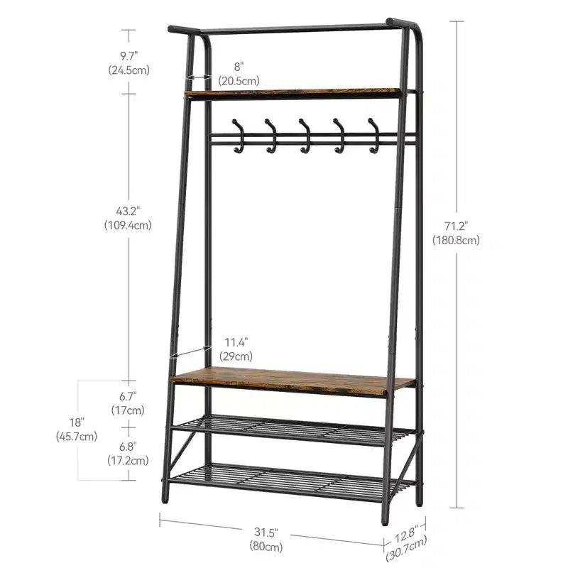 Coat Rack Shoe Bench with 5 Hooks, Entryway Hall Trees with Storage, Multifunctional 4-in-1 Hall Trees Shoe Bench