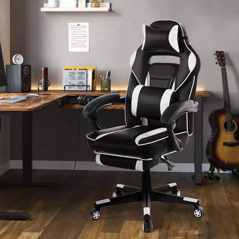 360 Swivel Height Adjustable Gaming Chair with Retractable Footrest & Ergonomic Lumbar High Back PU Leather Computer Chair with Headrest for Office