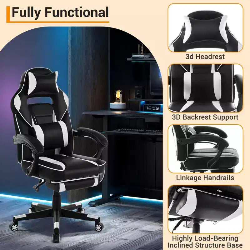 360 Swivel Height Adjustable Gaming Chair with Retractable Footrest & Ergonomic Lumbar High Back PU Leather Computer Chair with Headrest for Office