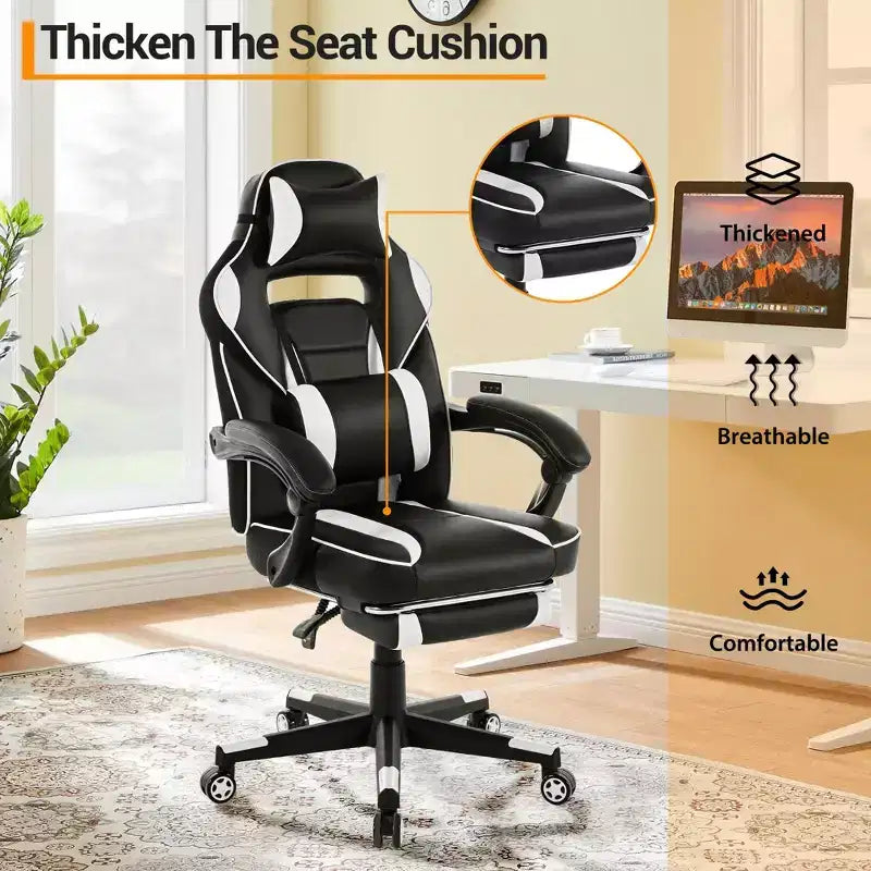 360 Swivel Height Adjustable Gaming Chair with Retractable Footrest & Ergonomic Lumbar High Back PU Leather Computer Chair with Headrest for Office