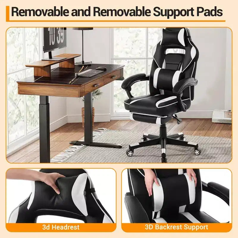 360 Swivel Height Adjustable Gaming Chair with Retractable Footrest & Ergonomic Lumbar High Back PU Leather Computer Chair with Headrest for Office