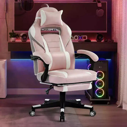 360 Swivel Height Adjustable Gaming Chair with Retractable Footrest & Ergonomic Lumbar High Back PU Leather Computer Chair with Headrest for Office