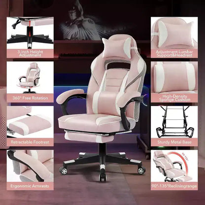 360 Swivel Height Adjustable Gaming Chair with Retractable Footrest & Ergonomic Lumbar High Back PU Leather Computer Chair with Headrest for Office