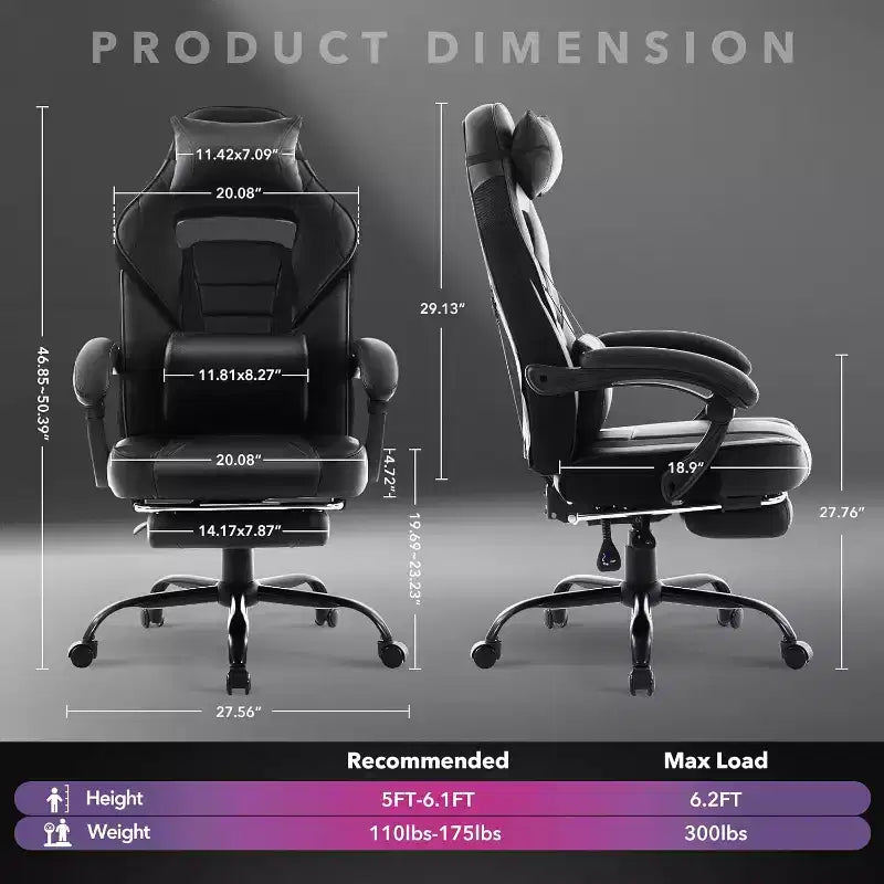 360 Swivel Height Adjustable Gaming Chair with Retractable Footrest & Ergonomic Lumbar High Back PU Leather Computer Chair with Headrest for Office