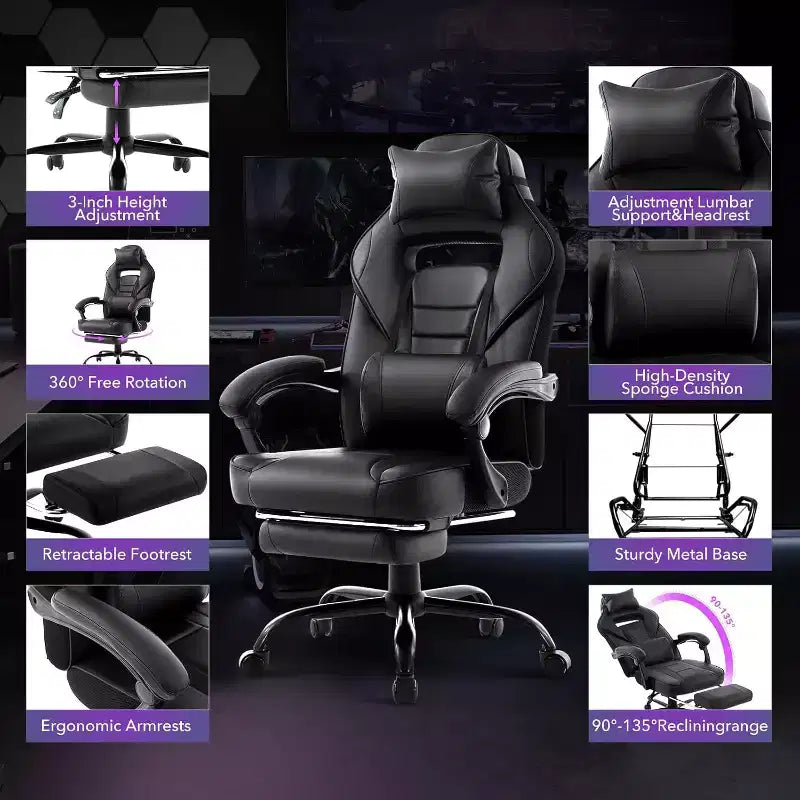 360 Swivel Height Adjustable Gaming Chair with Retractable Footrest & Ergonomic Lumbar High Back PU Leather Computer Chair with Headrest for Office