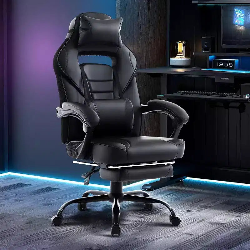 360 Swivel Height Adjustable Gaming Chair with Retractable Footrest & Ergonomic Lumbar High Back PU Leather Computer Chair with Headrest for Office