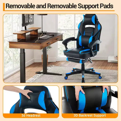 360 Swivel Height Adjustable Gaming Chair with Retractable Footrest & Ergonomic Lumbar High Back PU Leather Computer Chair with Headrest for Office