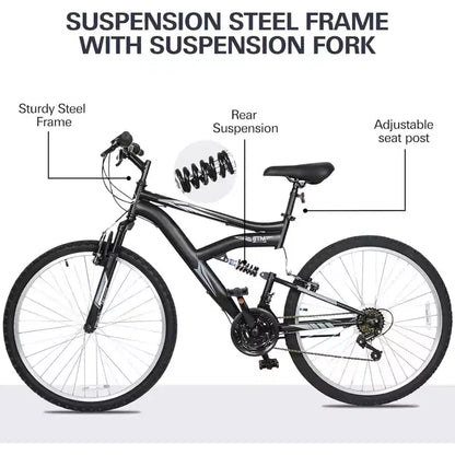 hykolity Mountain Bike 26 inch Sport Bicycle 18 Speed Mtb Cycling for Adult Men Women Age 14+ Outdoor Sport Bikes Black Dual Full Suspension Bicycle