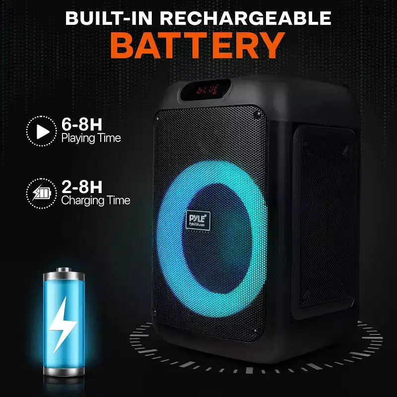 Pyle 8 Wireless Bluetooth Streaming Party Speaker with Rechargeable Battery, LED Lights, Mic Input, and FM Radio - 100W