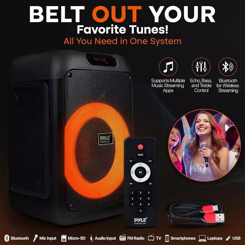 Pyle 8 Wireless Bluetooth Streaming Party Speaker with Rechargeable Battery, LED Lights, Mic Input, and FM Radio - 100W