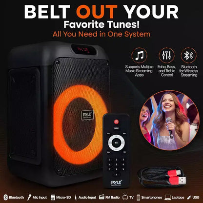 Pyle 8 Wireless Bluetooth Streaming Party Speaker with Rechargeable Battery, LED Lights, Mic Input, and FM Radio - 100W