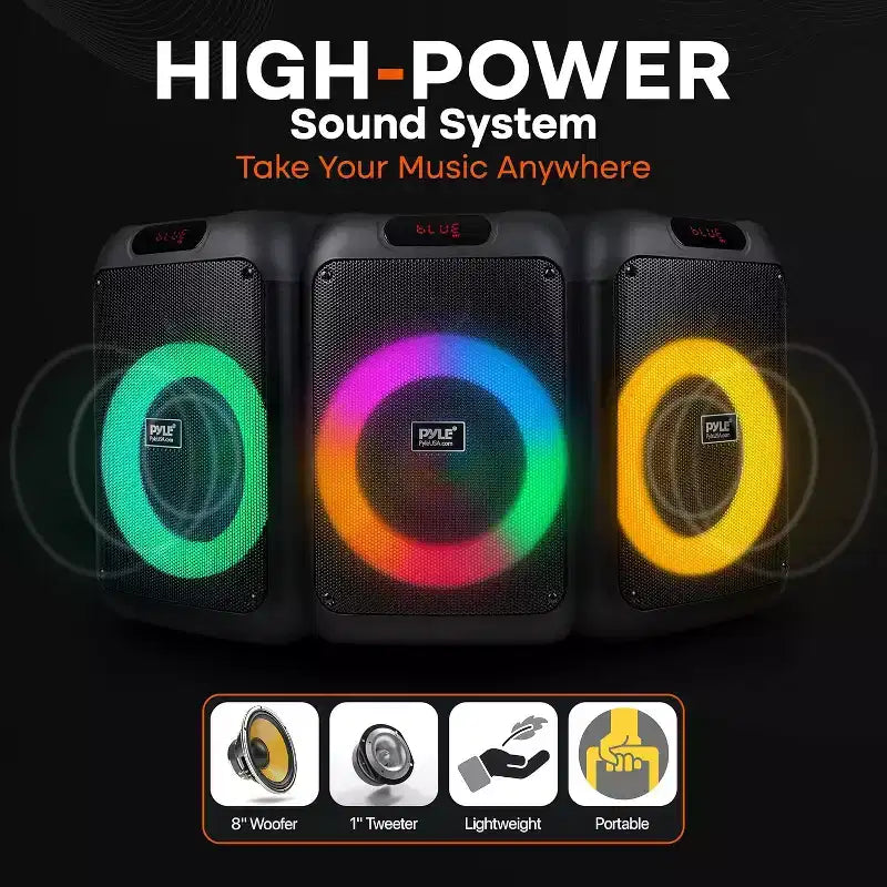 Pyle 8 Wireless Bluetooth Streaming Party Speaker with Rechargeable Battery, LED Lights, Mic Input, and FM Radio - 100W