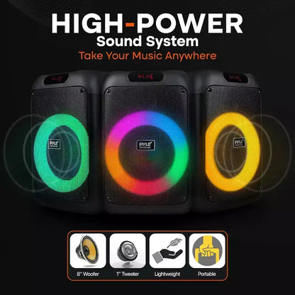Pyle 8 Wireless Bluetooth Streaming Party Speaker with Rechargeable Battery, LED Lights, Mic Input, and FM Radio - 100W
