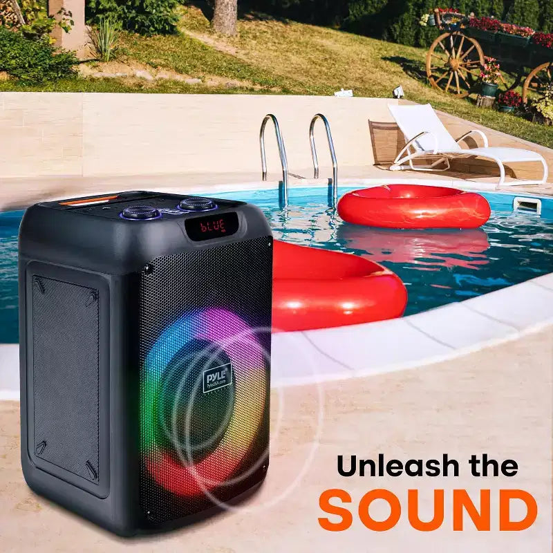 Pyle 8 Wireless Bluetooth Streaming Party Speaker with Rechargeable Battery, LED Lights, Mic Input, and FM Radio - 100W