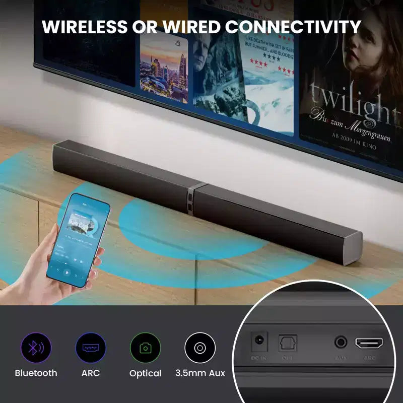 MOVSSOU Soundbar Bluetooth 80W Wireless Soundbar TV 32 pollici Divisibile 2 in 1 Soundbar Staccabile per Smart TV
