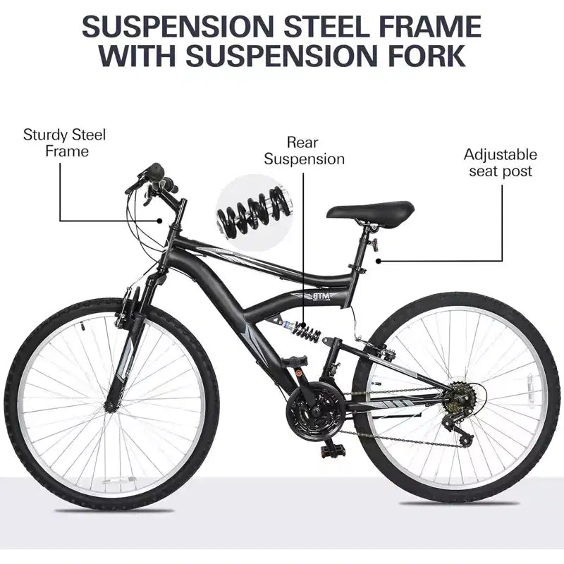 Hykolity 26/27.5-Inch Mountain Bike, Mens Womens, Steel Full Suspension, 18-Speed, Adjustable Saddle, Linear Pull Brakes, Alloy Rims