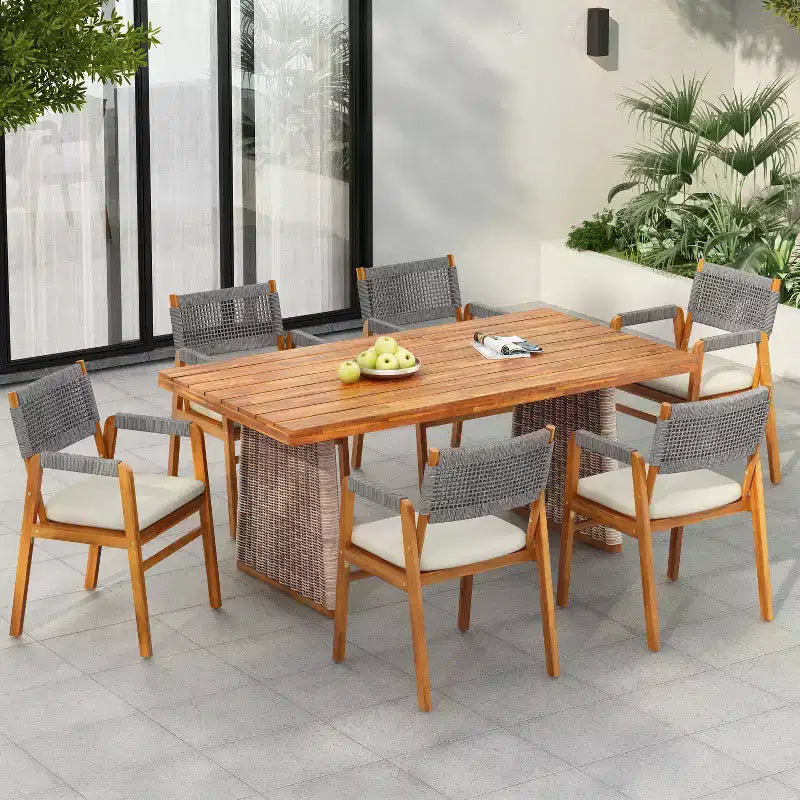 Christopher Knight Home Francesca Set da pranzo rustico da esterno 7 pezzi in legno di acacia con corda intrecciata e tavolo a doghe in rattan