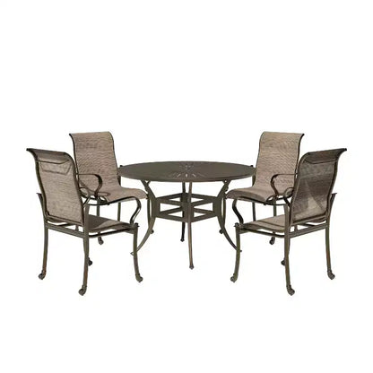 Mondawe Set da pranzo da esterno 5 pezzi con tavolo da pranzo rotondo da 135 cm di larghezza e 4 poltrone