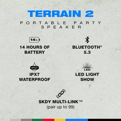 Speaker Bluetooth Wireless Skullcandy Terrain 2, Resistente all'acqua IPX7, Batteria 14H, Multi-Link, Spettacolo di luci LED, Portatile, Viola scuro