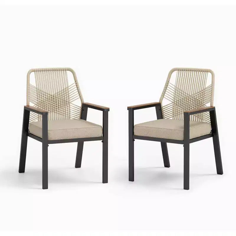 Captiva Designs 7pc Outdoor Dining Rectangular Slat-top Steel Table & Beige Rattan Fixed Chairs