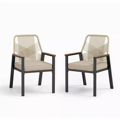 Captiva Designs 7pc Outdoor Dining Rectangular Slat-top Steel Table & Beige Rattan Fixed Chairs